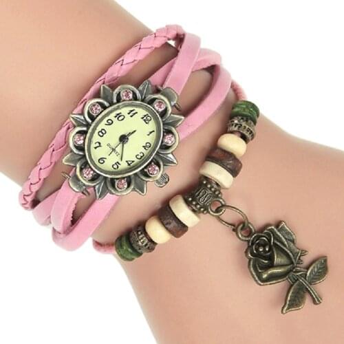 Gnova Platinum Leather Bracelet Watch Crystal Rose charm Vintage Ethnic Flower wristwatch Fashion Geneva Style A033