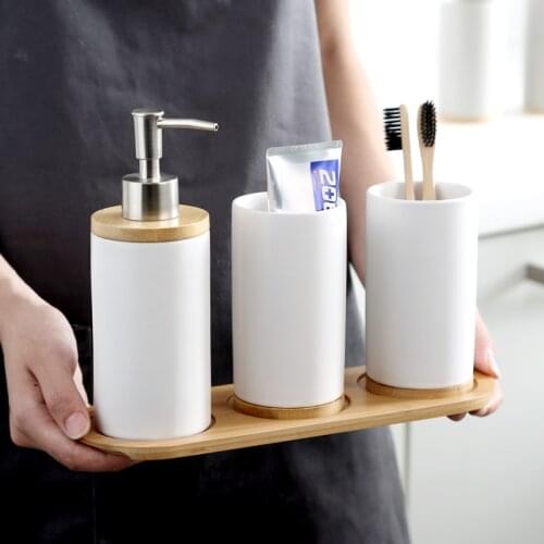 Ceramic Bamboo Gargle Cup Wash Mug Toothbrush Holder Bathroom Liquid Soap Dispenser Shampoo Bottle Bathroom Accessories Sets