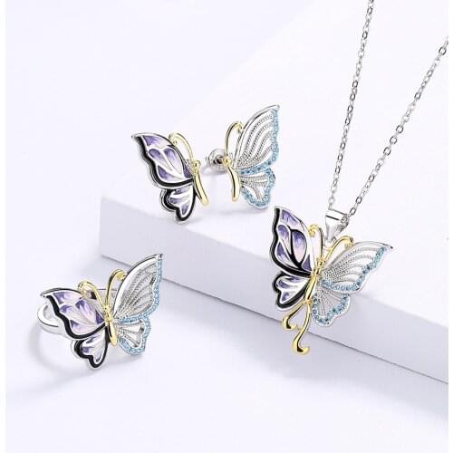 Retro Oil Painting Butterfly 100% 925 Sterling Silver Ring Jewelry for Women Wedding Necklace Earrings Fashion Jewelry Set