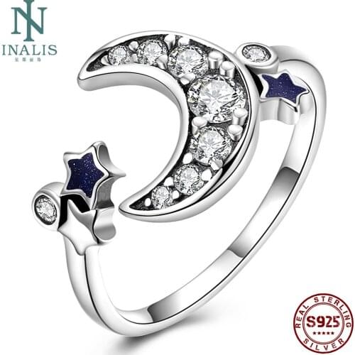 INALIS 925 Sterling Silver Adjustable Ring For Women Stars And Moon With Zircon Ring Anniversary Fine Jewelry Gift New Arrival