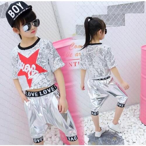 Girls Boys Sequin Ballroom Jazz Hip Hop Dance Competition Costume Set T Shirt Tops Pants for Kids Dancing Clothes Wear Outfits