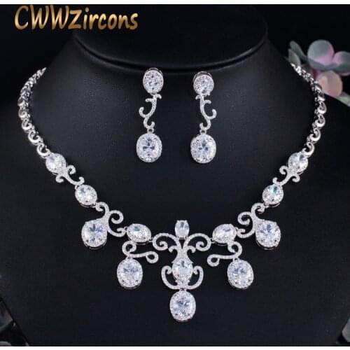 CWWZircons Shiny White Dangle Drop Africa Nigerian Cubic Zircon Women Party Necklace Earring Jewelry Set for Brides Wedding T464