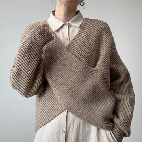 Korea Chic Autumn Simple and Thin Big V-Neck Cross Design Sense Loose Casual All-Match Sweater Sweater Women