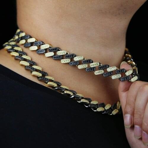 Two tone color white black cz paved iced out bling 5A cubic zirconia cz 15mm cuban link chain hip hop bling cz men boy necklace