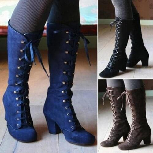 New Autumn Winter Women Fashion Steampunk Gothic Vintage Style Retro Punk Boots Cozy Lace Up Elegant Knee High Boots Plus Size