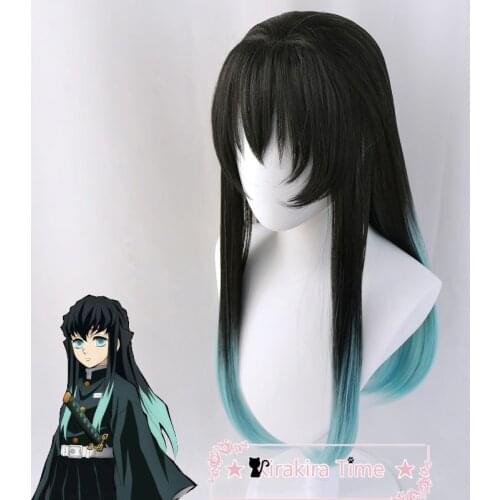 Demon Slayer Kimetsu No Yaiba Tokitou Muichirou Cosplay Wigs Black Green Hair