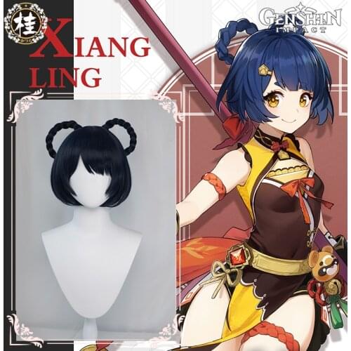 UWOWO Game Genshin Impact Xiang Ling Exquisite Delicacy Cosplay Wig Chef de Cuisine 30cm Dark Blue Short Hair