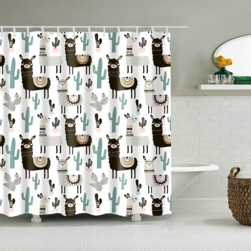 Cartoon Animals Shower Curtain Succulent Plant Alpaca Bath Accessories with 12 Hooks Waterproof Polyester Fabric Bathroom Decor