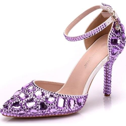 Women sandals wedding Party banquet PU Rhinestones Buckle Strap 9.5CM Thin High Heels Pointed Toe sandal women shoes size 35-42