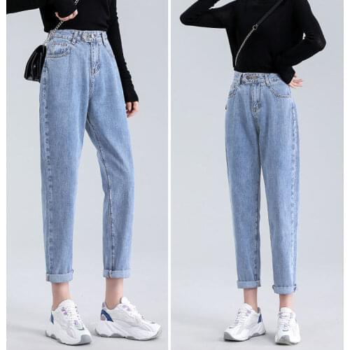 Female Semi-elastic High-waisted Straight-leg Jeans Womens Waist Elastic At The Back Loose-fitting Slim PantsSolid Harem Pants