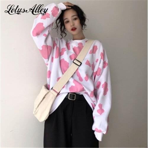 Lotus Alley Women Hoodies Without Hood Japanese Sweatshirt Streetwear Pullover Women Cow Print Harajuku Ladies Clothing 2021