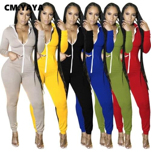 CM.YAYA Autumn Winter Women Hooded Long Sleeve Zipper Fly Jumpsuit Sportwear Bodycon Night Party Rompers One Piece Overalls