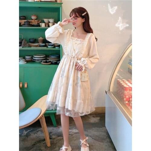 Sannian Women Dress Autumn Sweet Temperament Fungus Side Long-sleeved Stitching Mesh Embroidery Dresses Women Clothes