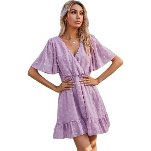 Summer Chiffon Dress 2021 Bohemian Dot V-Neck Womens High Waist Slim Elegant A-Line Lotus Sleeve Casual Party Sweet Sun Skirt