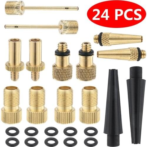 24pcs/set Copper Bicycle Valve Adapter SV AV DV Adapter Bicycle to Car Valve Adapter Sealing Ring Valve Extension Pump Tools