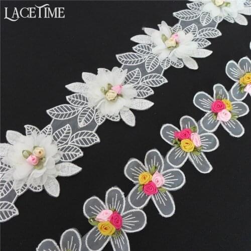 5 Yards Multi-Color 3D Chiffon Flower Lace Trim Embroidered Rose Applique Trim On Mesh Wedding Lace Sewing Supplies