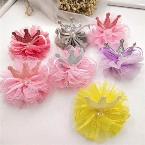 7pcs/lot 7*5.5cm Crown Padded Appliques with tulle skirt for Children Headwear Hair clip Accessories and Garment Accessories