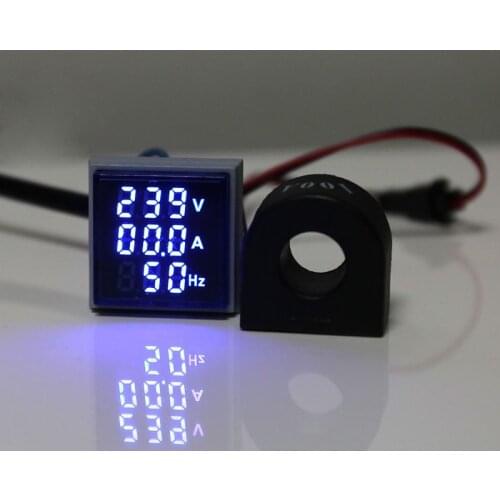 Digital 3in1 AC Ammeter Voltmeter Hz Current Frequency Meter Square Signal Light 22mm Digital Voltage Amp Hz Led Lamp Indicator