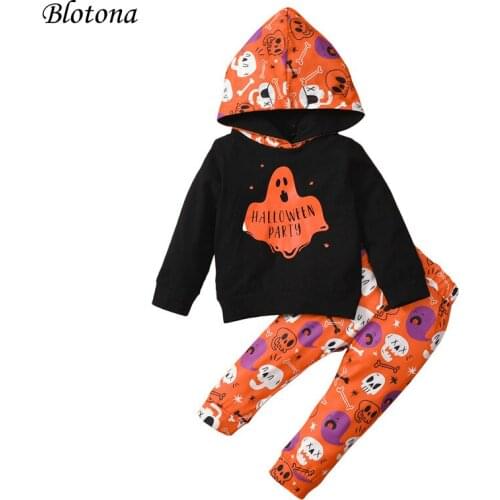 Blotona 2Pcs Kids Halloween Tracksuit, Ghost Letters Hooded Long Sleeve Sweatshirt +Skull Pants for Boys, Girls 6Months - 4Years