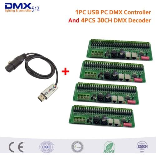 DHL Free shipping 1PC USB to DMX512 Interface Adapter Controller and 4pcs 30 channel DMX LED controller;dmx decoder& driver