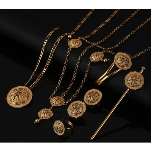 Ethiopian Jewelry Sets Gold Color Hair 6pcs Sets African for Ethiopia Best Women Jewelry Gift