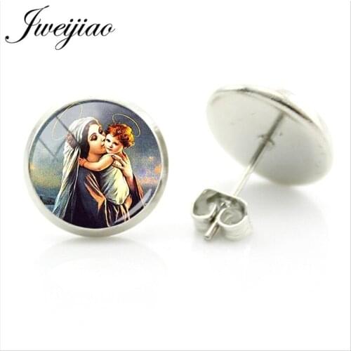 JWEIJIAO New Virgin Mary and Jesus Child Angel Stud Earring Glass Cabochon Painting Dome Rhodium Plated Ear Jewelry GIft MY01