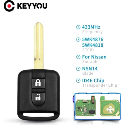 KEYYOU 433Mhz 2 Buttons ID46 Chip For Nissan Elgrand X-TRAIL Qashqai Navara Micra Note NV200 Remote Car Key Fob 5WK4876 5WK4818