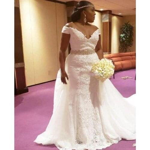 Charming Off the Shoulder Mermaid Wedding Dresses with Detachable Train Sweep Train Lace Appliques Bridal Gowns with Beaded Belt