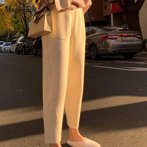 Autumn Winter Harajuku Pantalon 2020 Velvet Female Capri New All-match Pants Women Thick High Waist Knitted Harem Pants 10967