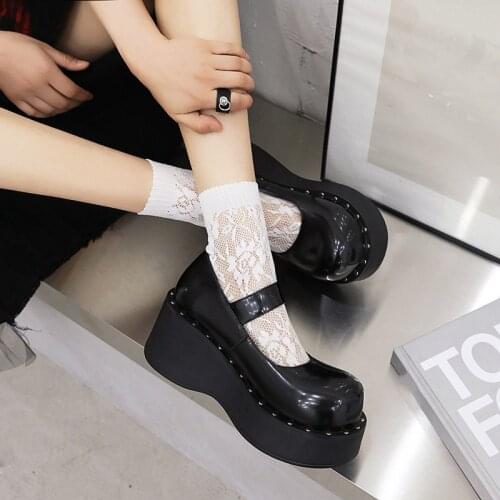YMECHIC Street Style Patent Leather Round Toe Rivet Ankle Strap Goth Platform Pumps Stylish Punk Marry Janes Shoes Thick Bottom