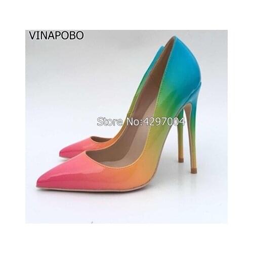 VINAPOBO large size 35-43 women pumps sexy pointed toe 12/10/8cm thin heel shallow rainbow print ladies dress party Wedding shoe
