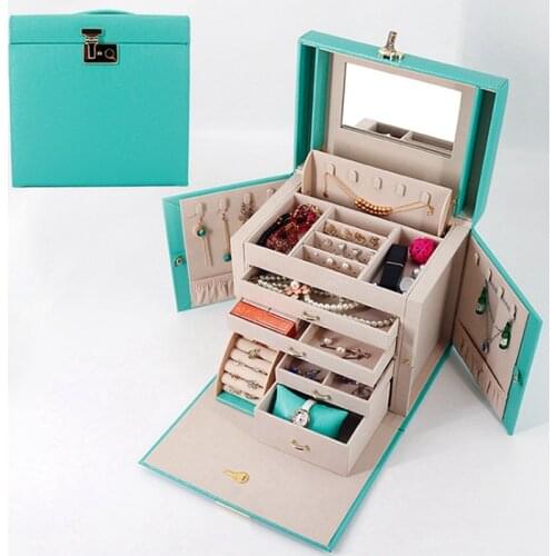 Large Capacity Leather Jewellery Case Ring Necklace Earrings Bracelet Jewelry Display Organizer Box with Lock