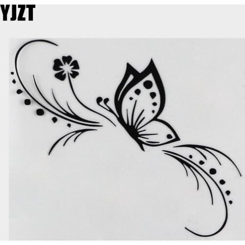 YJZT 13.6CM*11.9CM Butterfly Flower Car Sticker Decoration Floral Art Vinyl Decal Black/Silver C24-0249