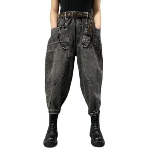 2021 Women Summer New Style Button Tightness Denim Harem Pants, Female Loose zipper Thin Section, Pocket Nine points Pants 616