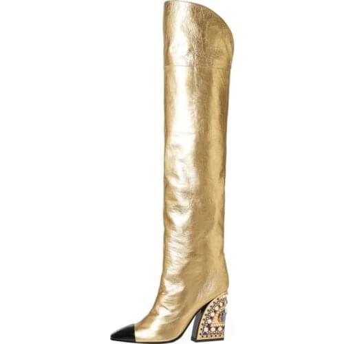 2021 Fashion Woman Strange Heel Over The Knee Boots High Heels with Rivet Metal Toe Pointed Boots Shoes Gold