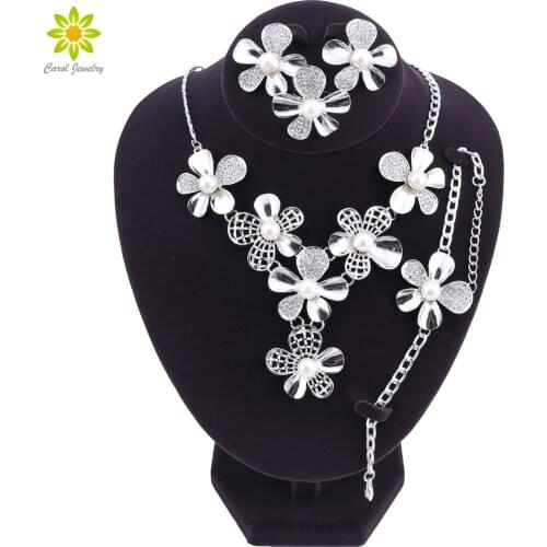 Bridal Wedding Simulated Pearl Jewelry Sets For Women Imitation Crystal Statement Choker Silver Color Earrings Party Accessories