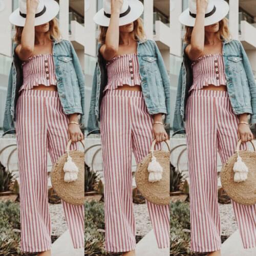 UK Summer Womens Striped Strapless Crop Top+Wide Leg Long Pants 2PCS Outfits Set