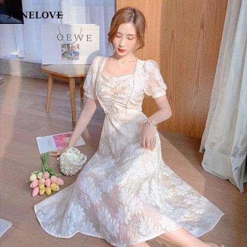 JuneLove Elegant Fairy Dress Women French Vintage Floral Princess Midi Dress Casual Kawaii Short Sleeve Party Dress Summer 2021