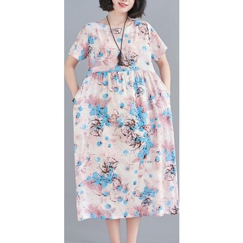 Print Floral Vintage Prairie Chic Travel Casual Dress 2021 New Arrival Short Sleeve Loose Summer Dress Cotton Linen Women Dress