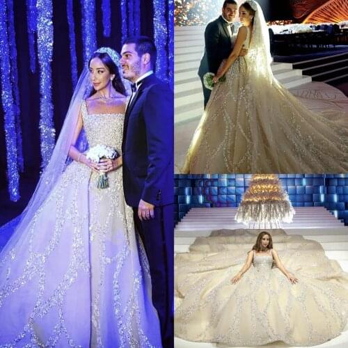 2020 New Arrival Luxury Wedding Dresses A Line Sequins Beads Square Neck Cathedral Wedding Dress Custom Made Vestido De Noiva