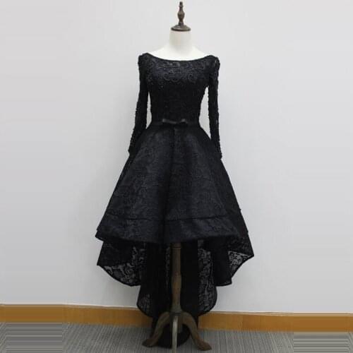 Vintage Black High Low Evening Dress Long Sleeves Beading Lace Evening Party Gowns with Bow Lace-Up Evening Gowns for Women