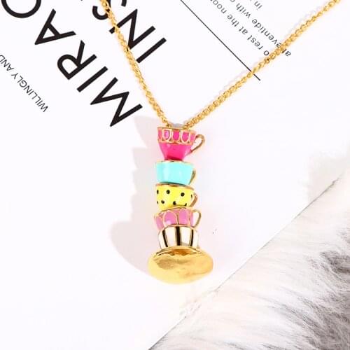 1PC Boho Handmade Tea Cup Necklace Pendant Woman Collier Sweater Chain Clothing Accessories Long Necklace Enamel Collane Jewelry