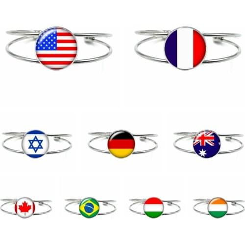 2021 New Popular Flag United States France Spain Girl Glass Tibetan Silver Open Men and Women Bracelet Charm