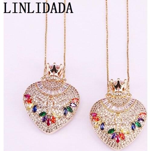 3Pcs Gold Filled CZ Micro Pave Colorful Zirconia Heart Jewelry Rainbow Fashion Pendant Necklaces