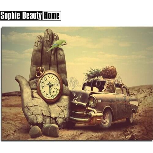 DIY 5D Diamond Painting Cross Stitch Cat In Car & Pocket Watch In Hand Needlework Full Diamond Mosaic Diamond Embroidery 189156