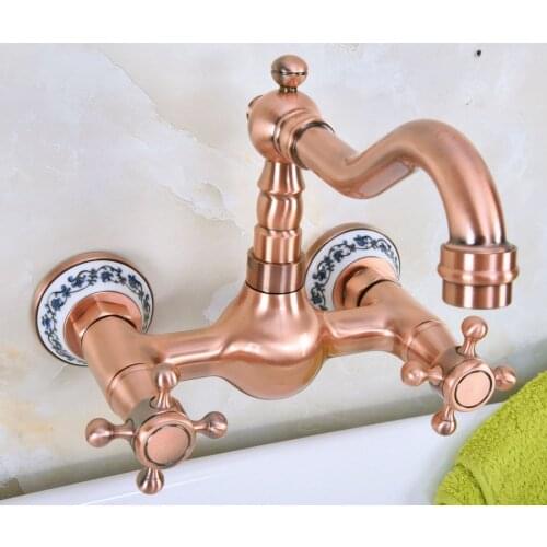 Antique Red Copper Brass Wall Mounted Bathroom Kitchen Sink Faucet Swivel Spout Mixer Tap Double Cross Handles Levers anf941