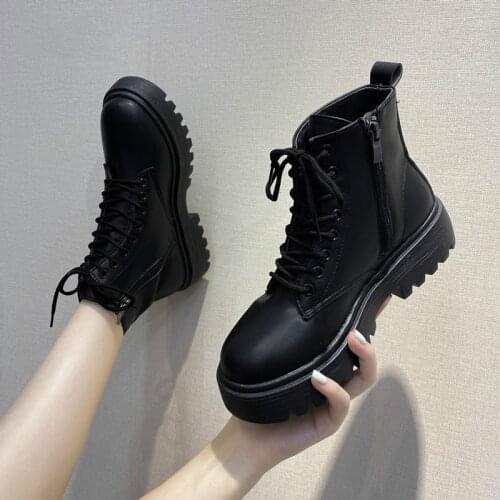 Black Platform Boots Women Boots Winter Leather Martin Boots Lace Up Ankle Boots Motorcycle Thick Heel Platform High Heels