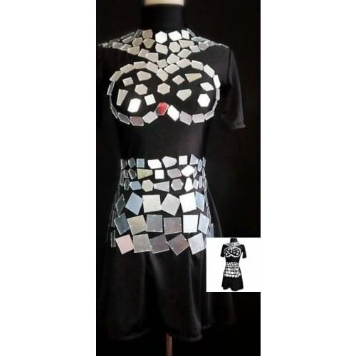 D44 Ballroom dance silver mirror dress singer performance show wears dance costume club silver mirror skirt dj outfits rave wear
