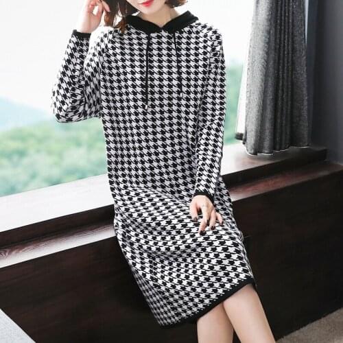 2019 Autumn New Pattern European Will Code Easy Thin Even Hat Long Sleeve Long Fund Plover Grid Dress