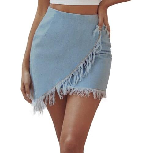 Tassel Denim Skirts 2021 Summer Women Fashion High Waist Irregular Jean Skirt Female Retro Straight Party Club Short Skirt